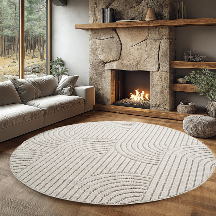 HELIX - Tapis moderne rond effet laine bouclé à motif géométrique en relief crème