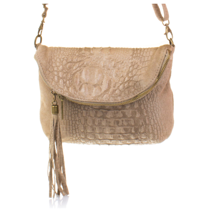 Cenerente Bolso bandolera Mujer.Piel auténtica Gamuza Grabado Cocodrilo