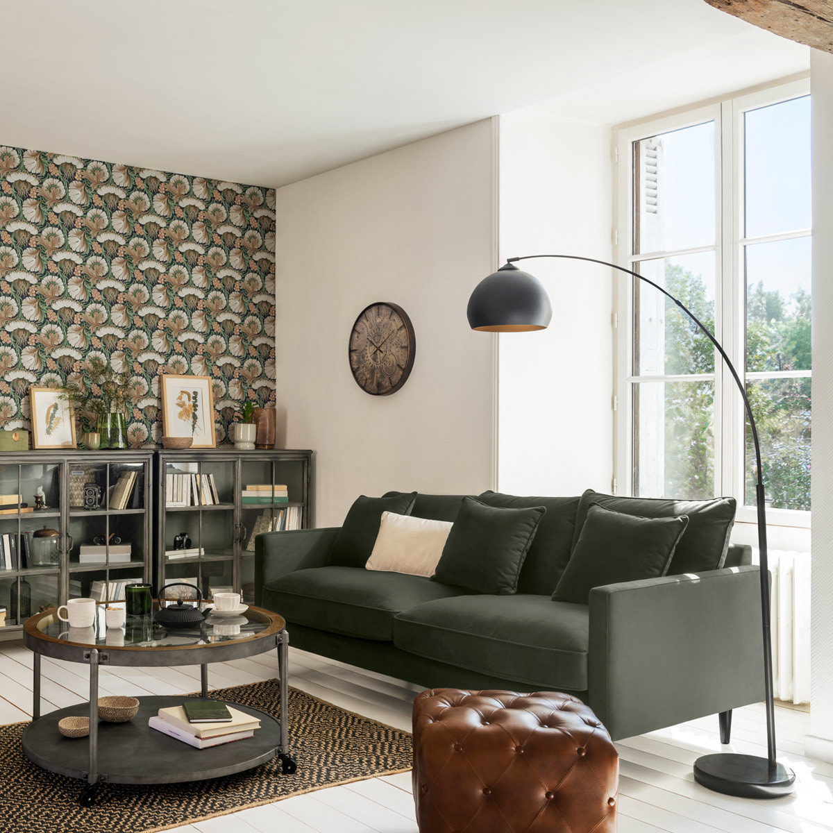 Lampadaire arc "Hyto" noir - métal et marbre H177 cm