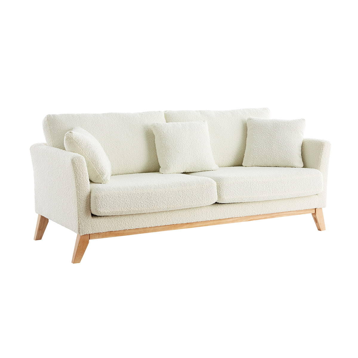 Canapé scandinave déhoussable 3 places en tissu effet laine bouclée blanc cassé et bois clair OSLO