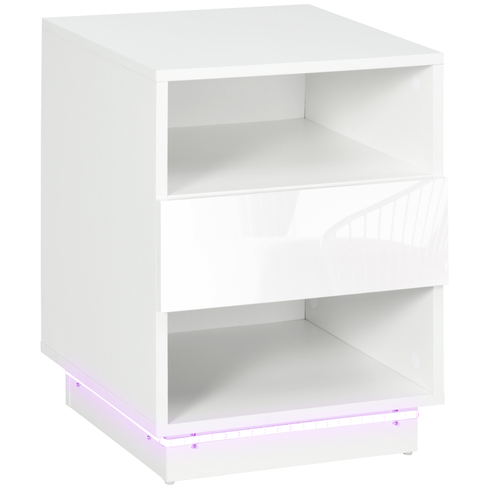 Table de chevet table de nuit LED - tiroir, niches, plateau - 40 x 40 x 55 cm - blanc brillant laqué
