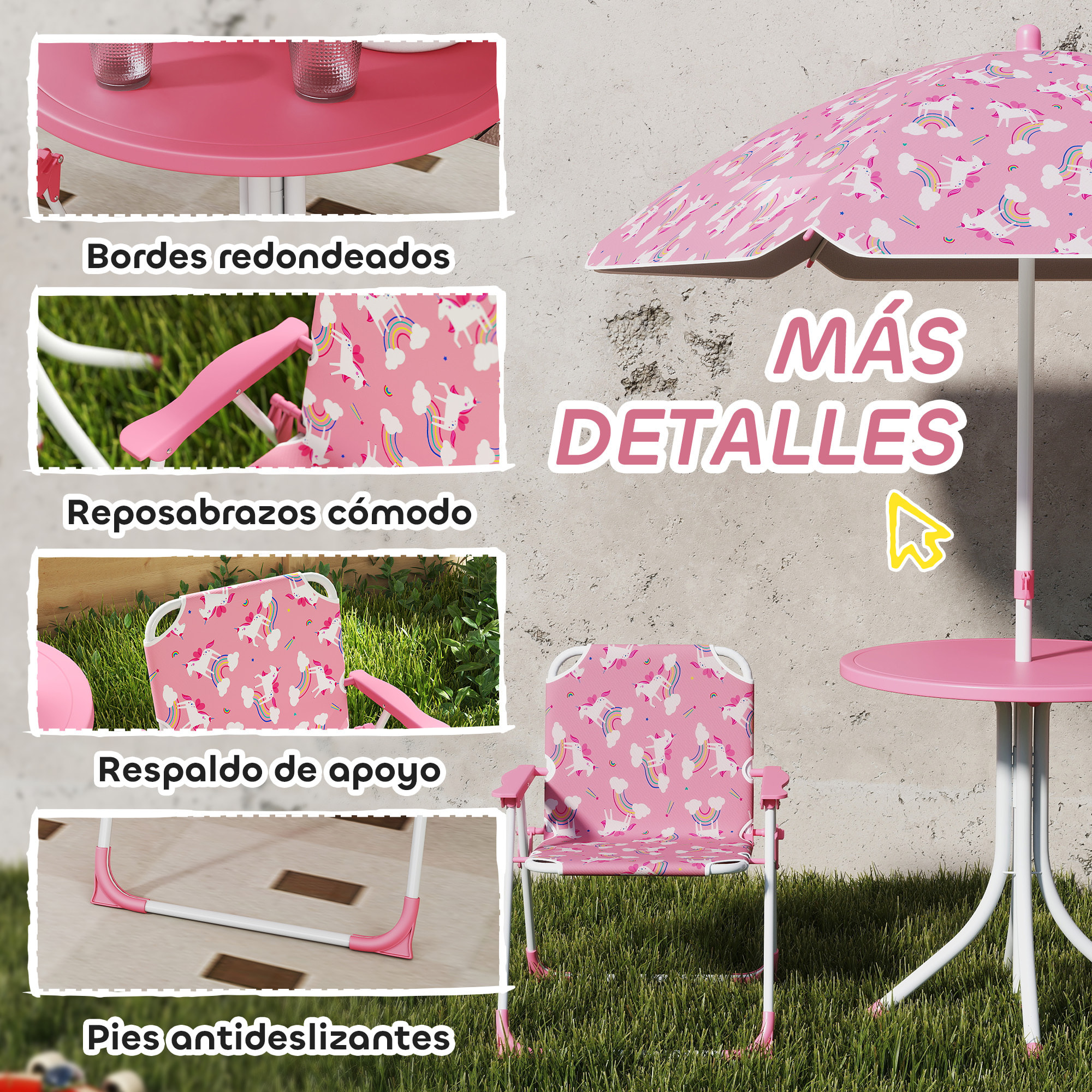 Conjunto de Mesa y Sillas Infantil de Jardín de 4 Piezas, Mesa Infantil con Sillas Plegables, Sombrilla Desmontable, Diseño de Unicornios y Arcoíris, para Patio, Pícnic, Rosa