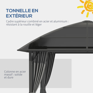 Pavillon de jardin barnum rigide dim. 3,05L x 3,05l x 2,7H m 4 rideaux zippés alu. acier polycarbonate noir polyester gris