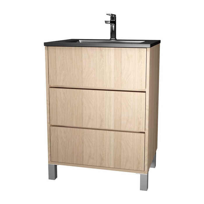 Pack Meuble Salle de Bains 60cm Chêne Clair 3 tiroirs avec Vasque Céramique Noire - XENOS
