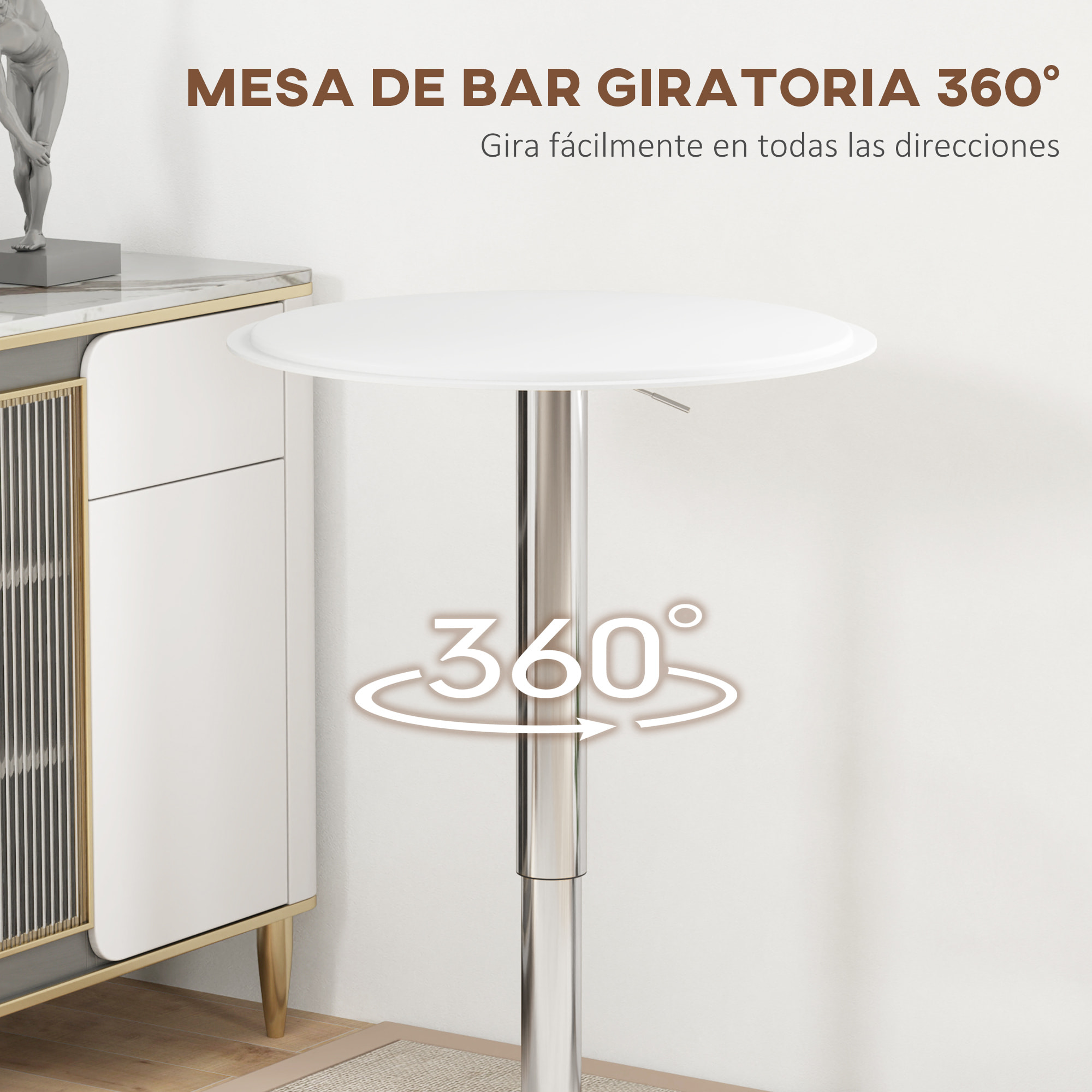 Mesa de Bar Redonda con Altura Ajustable 67-93 cm Mesa Alta de Bar con Tablero Ø63 cm Giratoria 360° con Base Redonda de Metal Cromado para Bistró Cocina Comedor Blanco