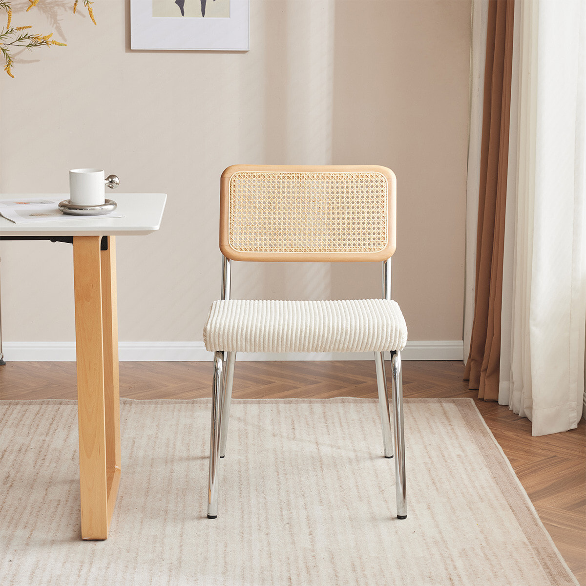 Lot de 2 chaises chromées, cannage et velours côtelé - PAULA
