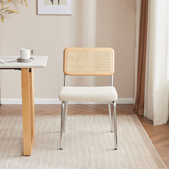 Lot de 2 chaises chromées, cannage et velours côtelé - PAULA