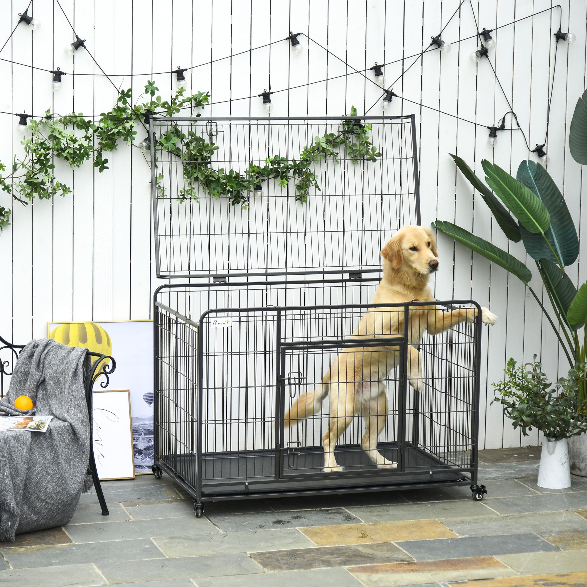 PawHut Cage pour chien pliable transport sur roulettes 2 portes  verrouillables plateau amovible interieur exterieur acier noir