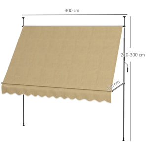 Toldo Manual Retráctil 3x1,2 m Toldo Exterior Terraza Enrollable Altura Ajustable con Manivela 210-300 cm Sin Taladro Protección UV30+ para Balcón Jardín Beige