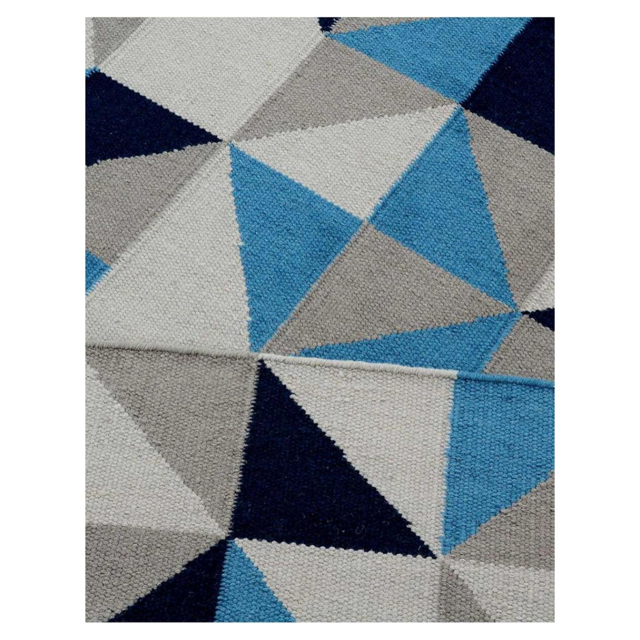 tapis salon 170x240 fait main en laine bleu et crème motif géométrique