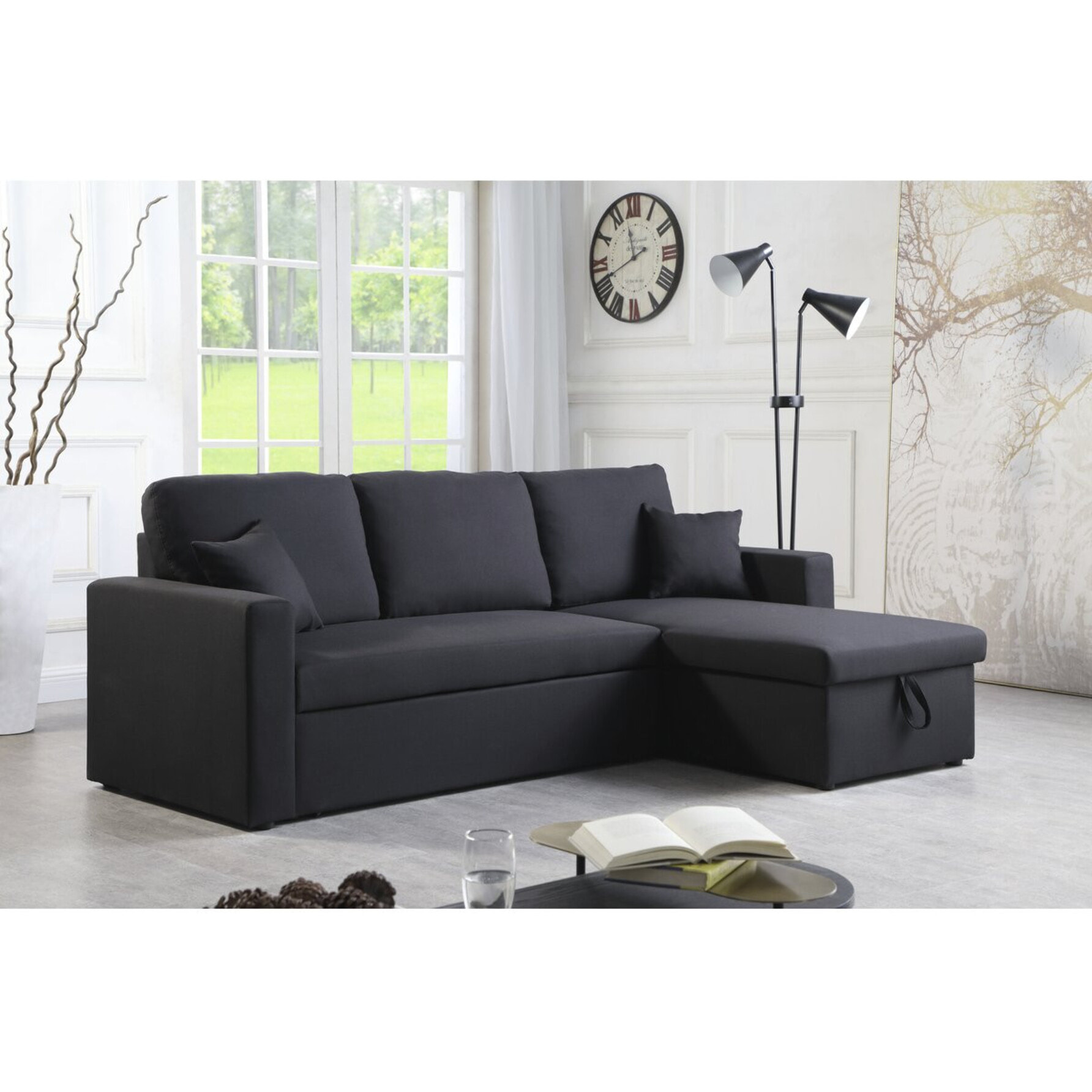 Canapé d'angle convertible/ réversible "Alain" - 221 x 145 x 85 cm - 3 places - Noir