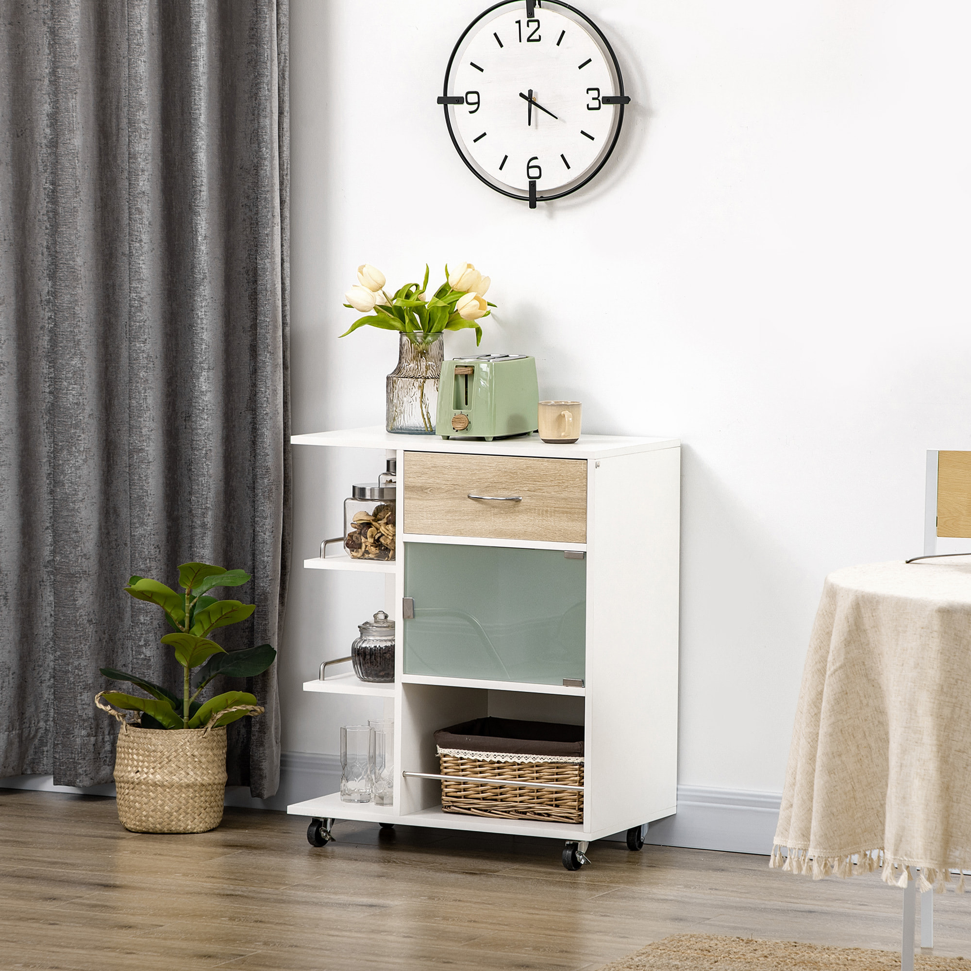 Carrito de Cocina con 1 Cajón Puerta de Vidrio y Estantes Abiertos 65x39x80 cm