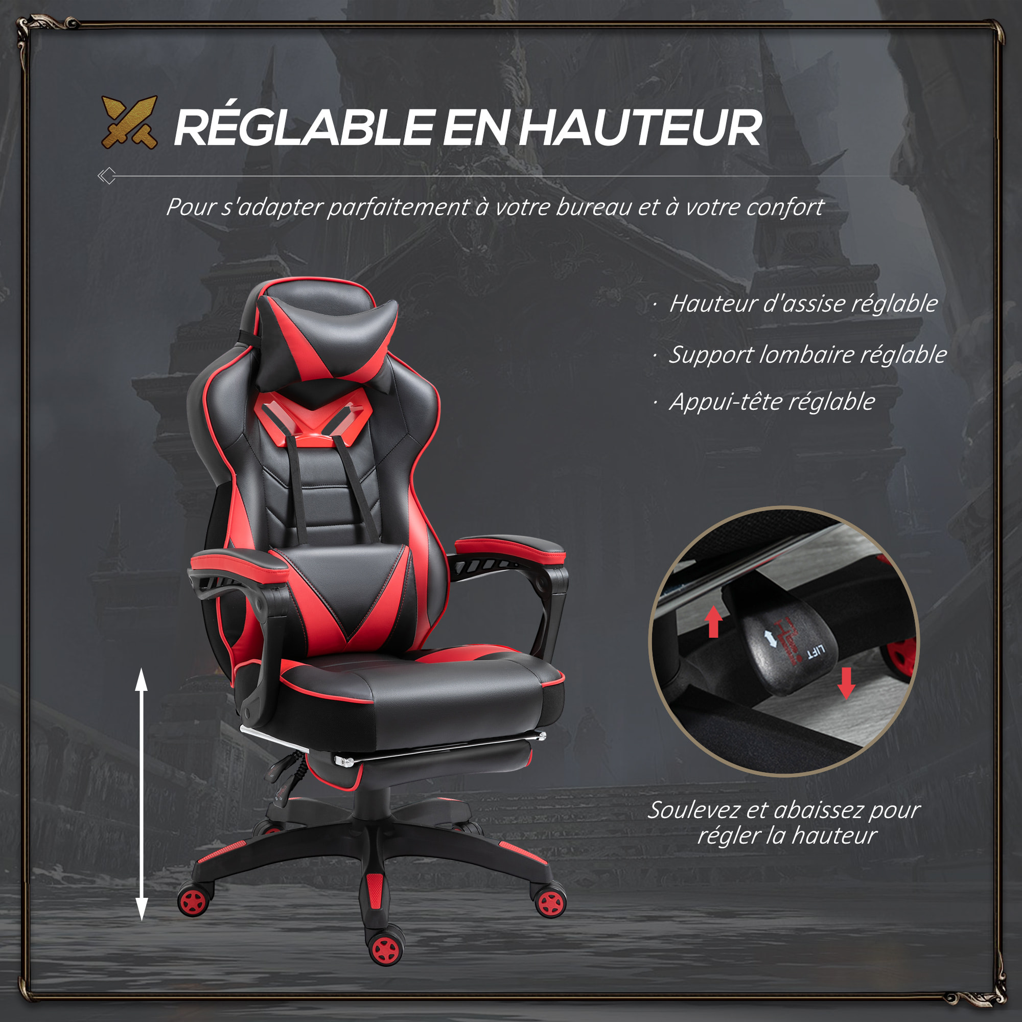 Vinsetto Fauteuil de bureau gamer style baquet racing - pivotant, inclinable - coussin lombaire, tétière, repose-pieds inclus - revêtement synthétique rouge noir