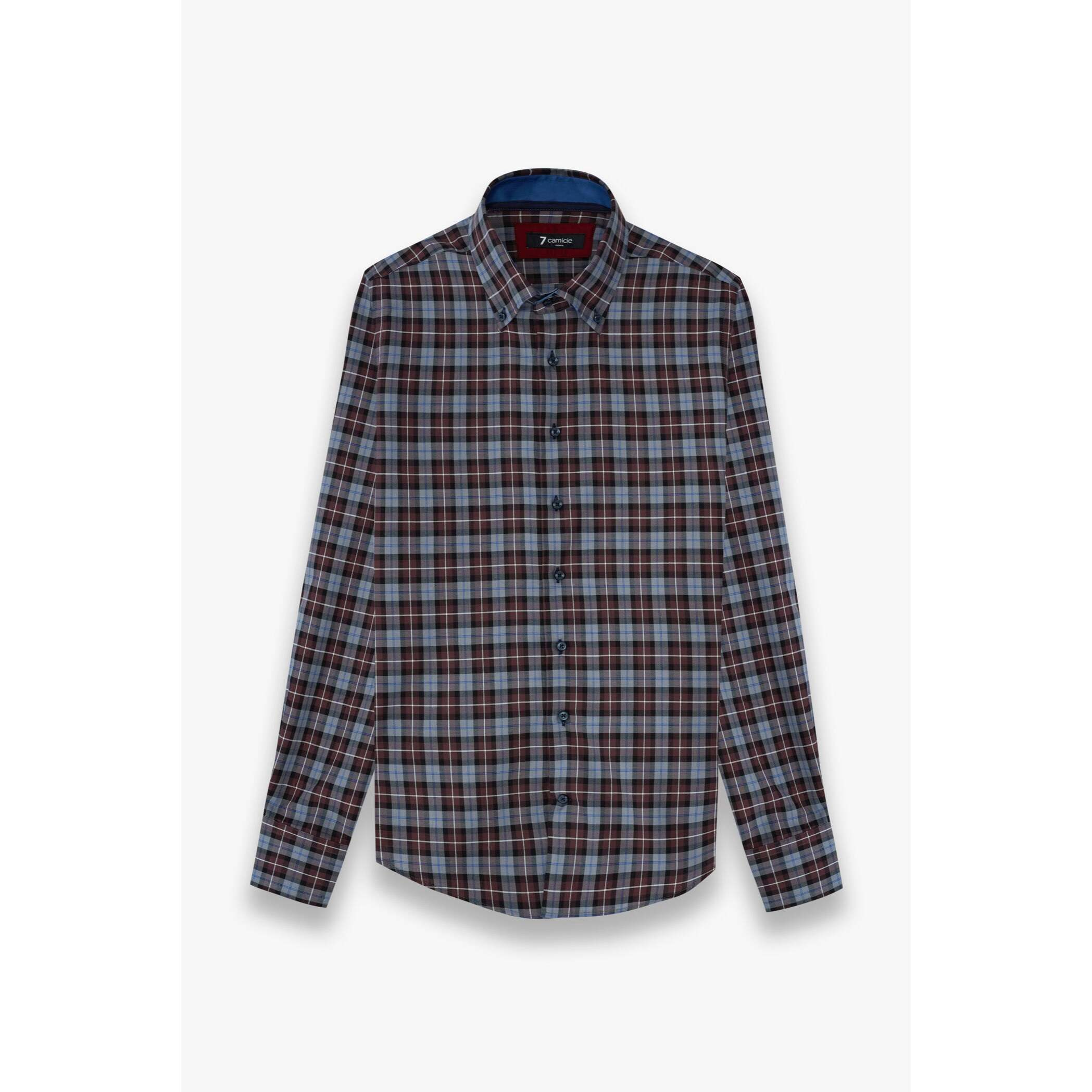 Camicia Uomo 2 Bottoni Button Down Slim Twill Quadro Grande Bordeaux/Nero