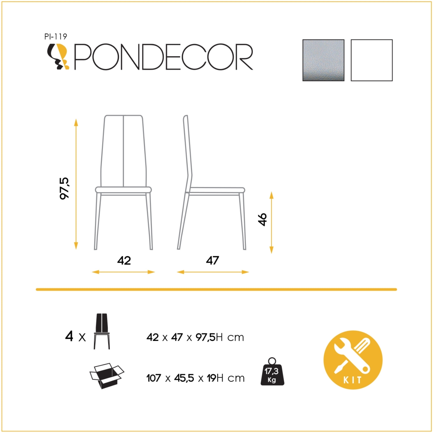 Set de 4 sillas – Polipiel gris y patas blancas