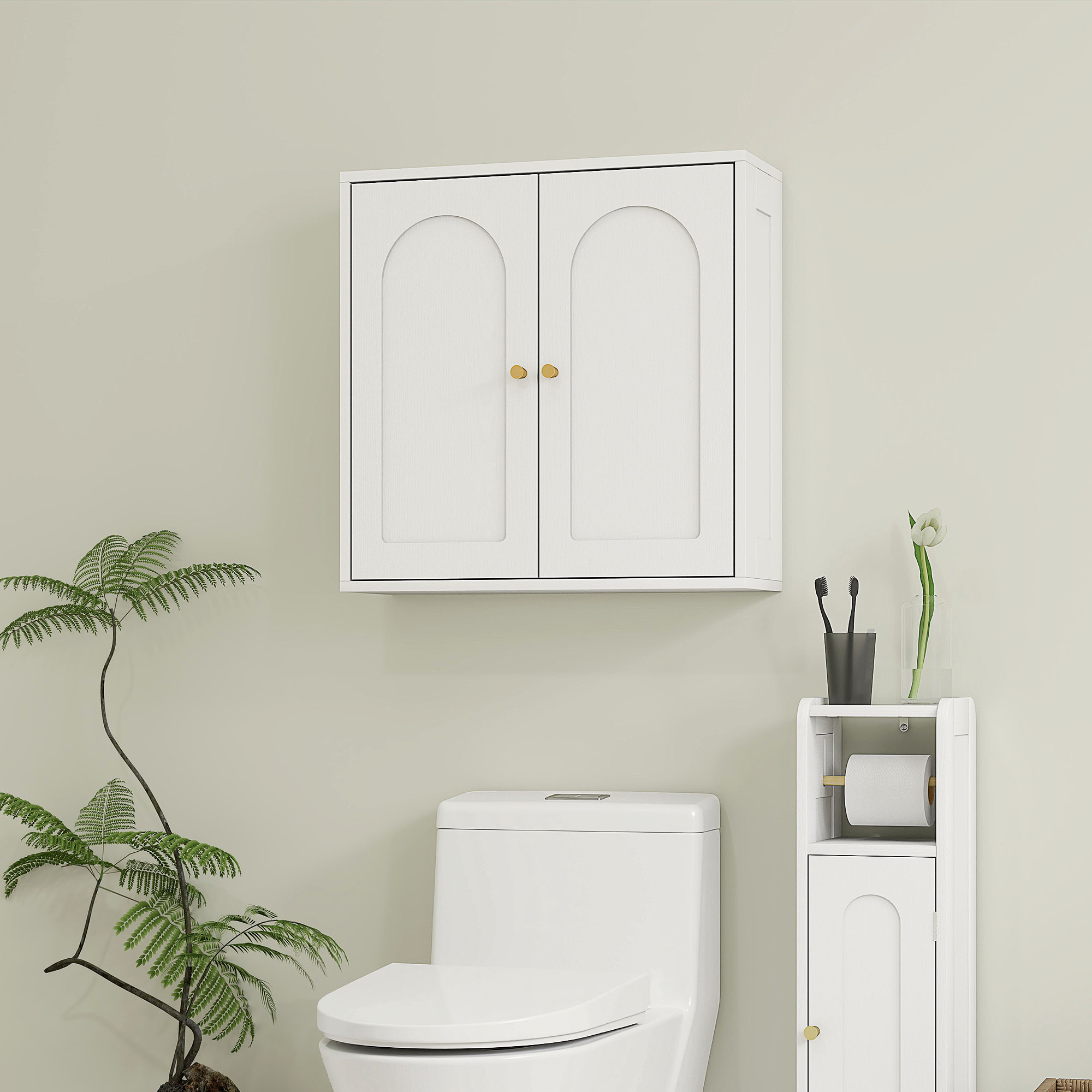 Armario de Baño de Pared Mueble de Baño Colgar con Estantes 2 Puertas con Diseño de Arco Tiradores Dorados 60x20x60 cm Blanco
