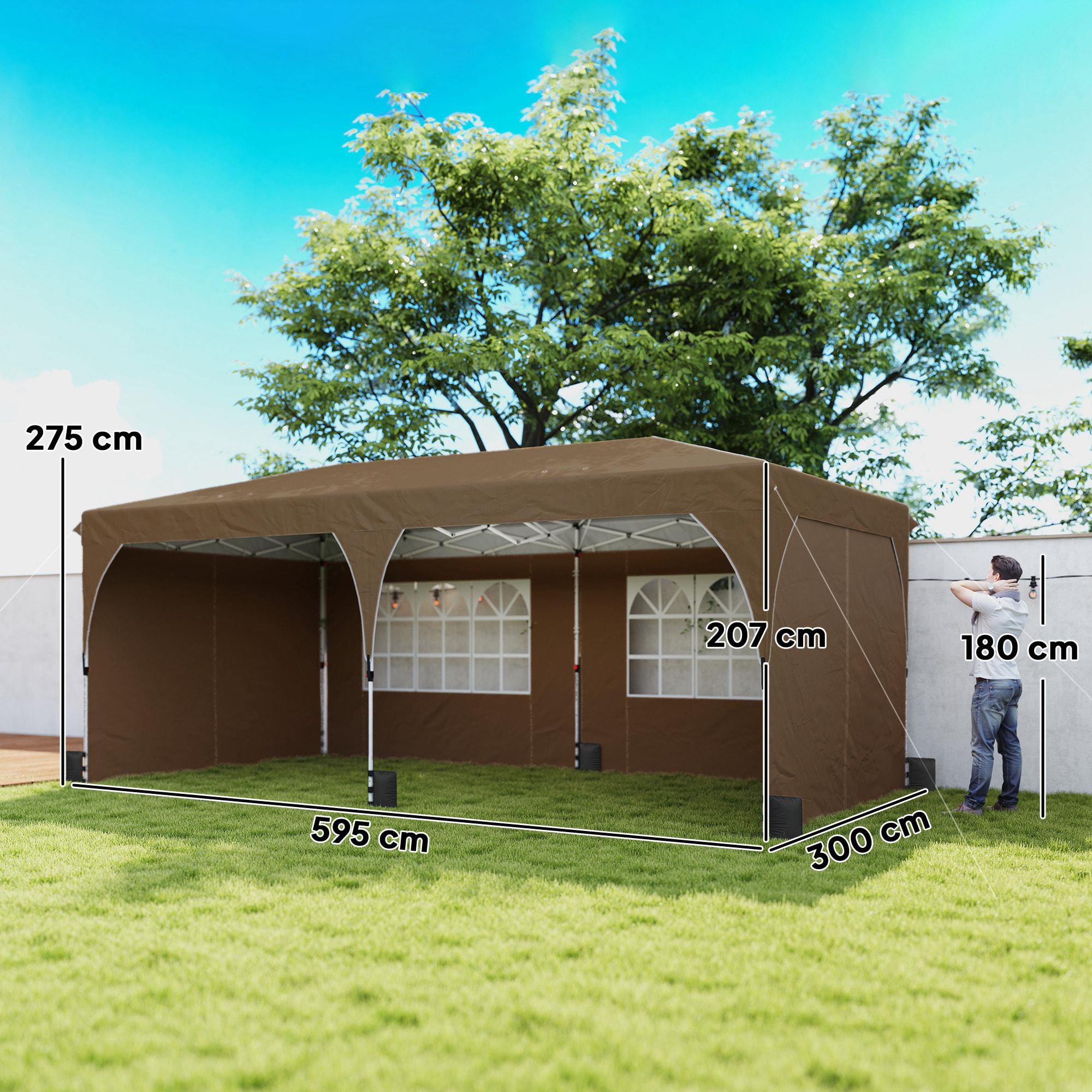 Carpa Plegable 6x3 m, Pop-up, con 4 Laterales Extraíbles, Cenador de Jardín con Tiras Reflectantes, Altura Ajustable, Sistema Central de Bloqueo, UPF50+, Impermeable, Bolsa Transporte, Beige