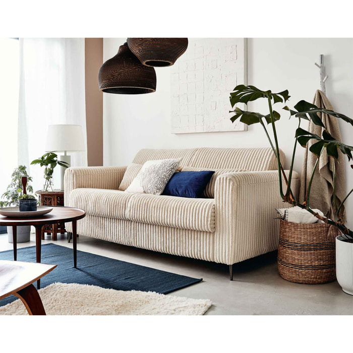 Owen - canapé 3 places convertible - couchage quotidien - matelas 12 cm - en velours côtelé grosses côtes - Beige