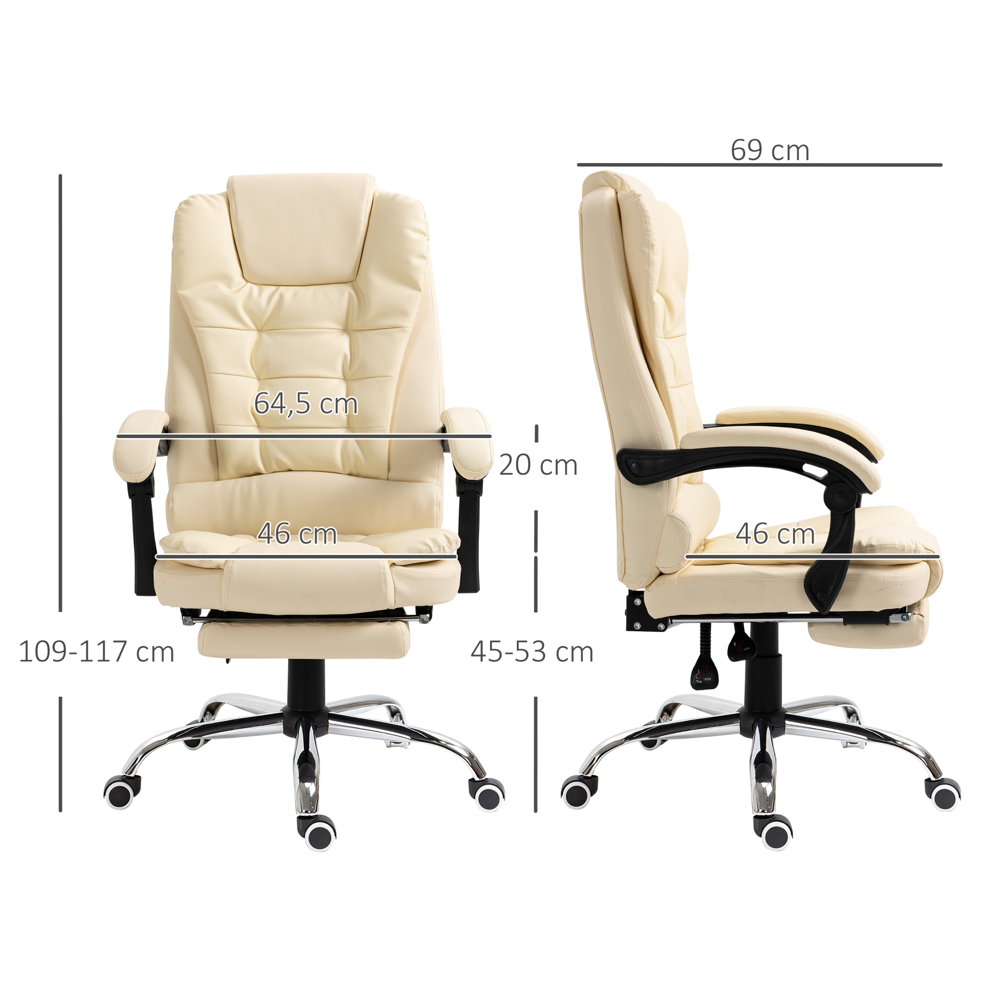 Silla de Oficina Reclinable Silla de Escritorio con Reposapiés Silla Ejecutiva Giratoria con Altura Ajustable Tapizada en PU y Reposabrazos para Estudio Crema
