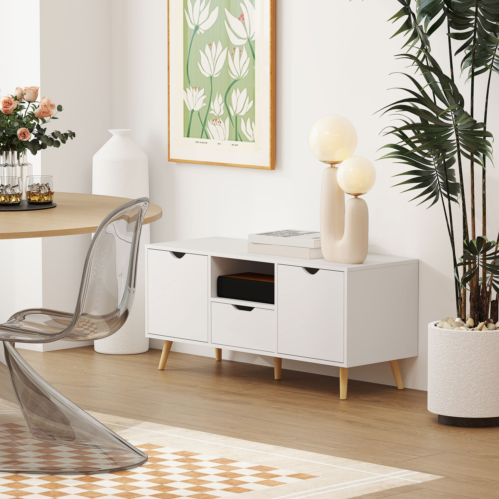 Mueble de TV, Mesa de TV con Cajón, 2 Puertas y Estante Abierto, Patas de Madera, para Televisores hasta 50 Pulgadas, Largo de 110 cm, para Salón, Dormitorio, Blanco