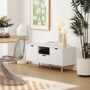 Mueble de TV, Mesa de TV con Cajón, 2 Puertas y Estante Abierto, Patas de Madera, para Televisores hasta 50 Pulgadas, Largo de 110 cm, para Salón, Dormitorio, Blanco