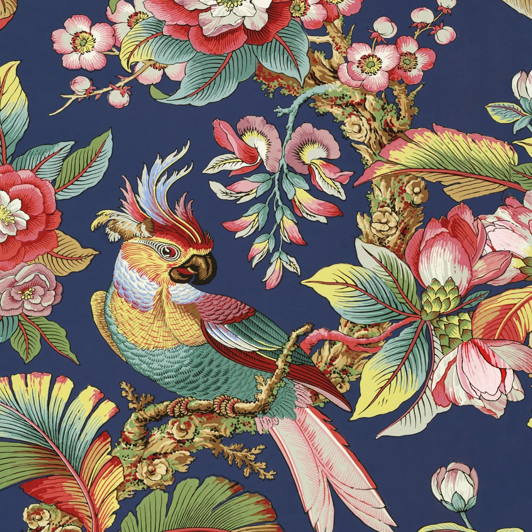 Carta da Parati Cinese in Blu con Uccellini