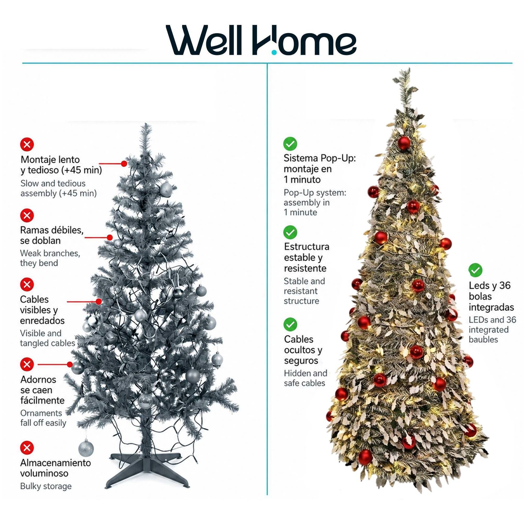 Árbol de navidad emergente con 150 leds blanco cálido y 36 bolas rojas, ø70x180 cm con 8 modos de iluminación