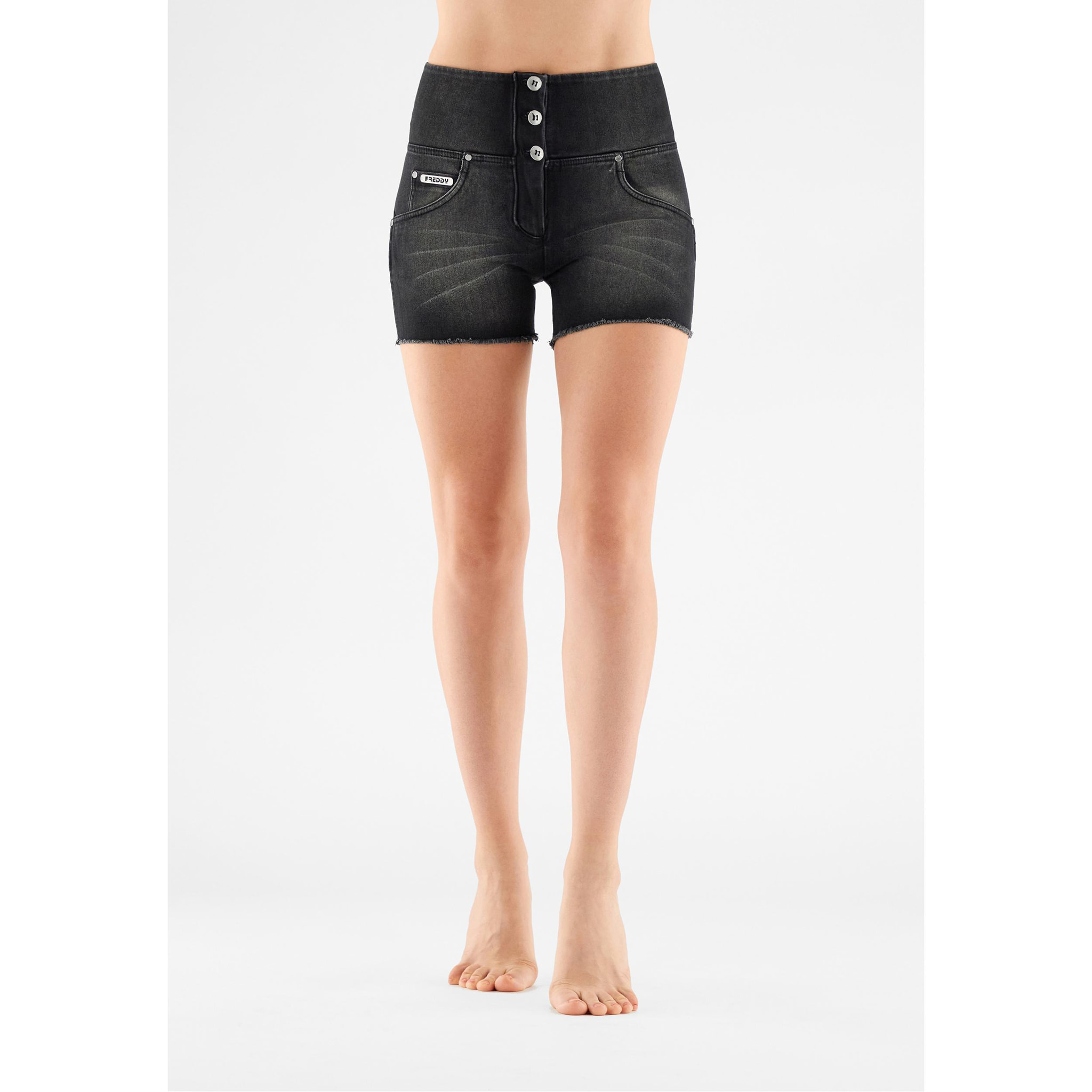 Shorts push up WR.UP® sfrangiati vita alta in denim navetta ecologico