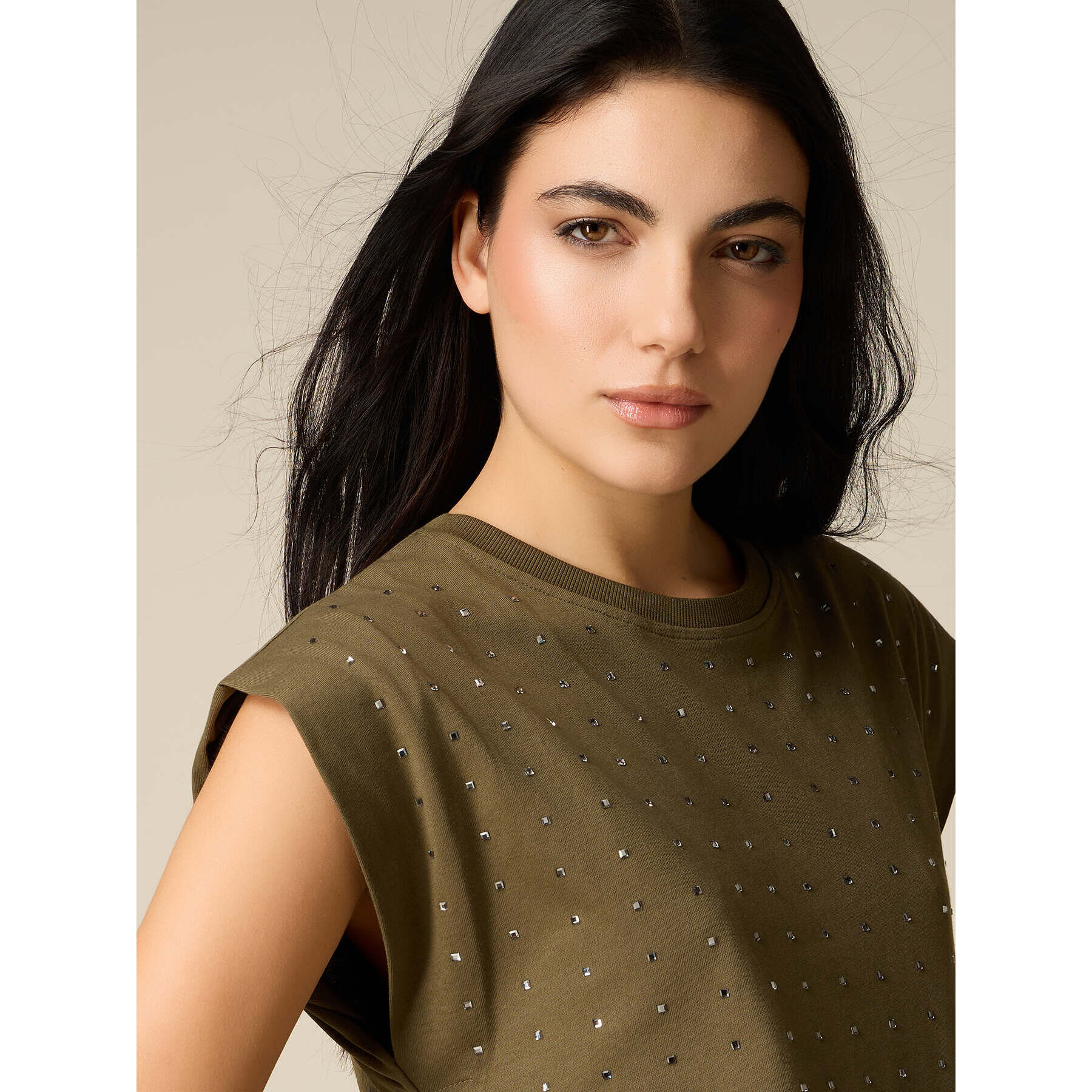 Oltre - T-shirt in cotone con cristalli - Verde militare