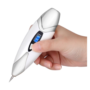 Penna elettrica per rimuovere le imperfezioni della pelle (nevi, macchie, verruche, lentiggini, ecc.). Con batteria ricaricabile e 9 livelli di intensità. Include 10 aghi sottili e 1 spesso.