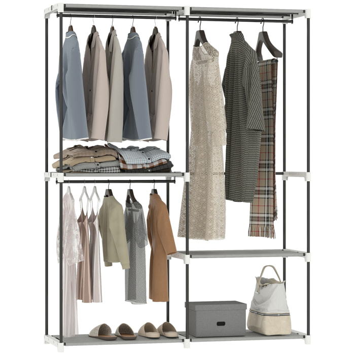 Armario de Ropa, Perchero, 142x43x185 cm, Armario Abierto con 4 Estantes de Tela, 3 Barras para Colgar, Marco de Metal, para Dormitorio, Salón, Vestidor, Gris Claro