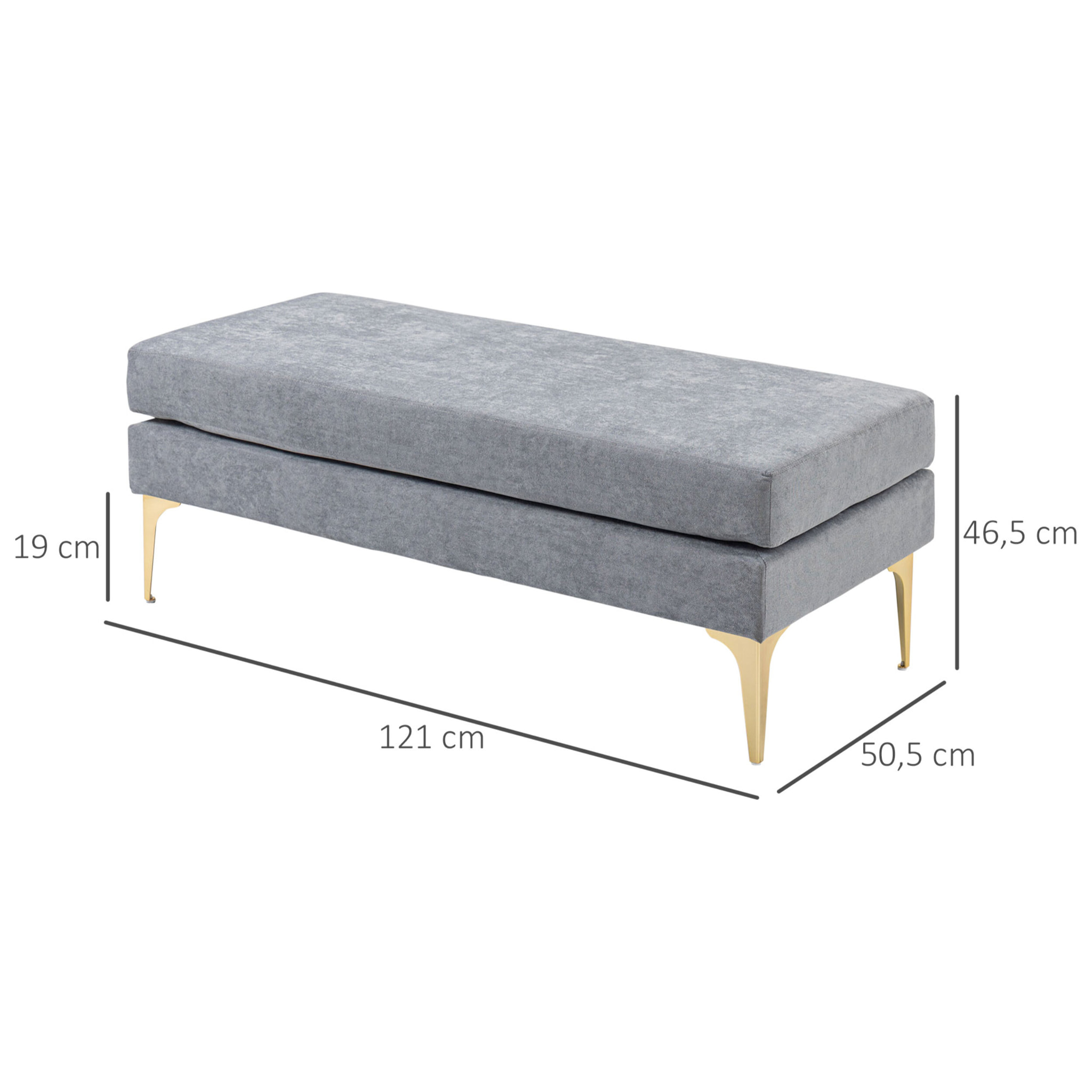 Banc bout de lit banquette style moderne dim. 121L x 50,5l x 46,5H cm piètement métal doré tissu gris clair