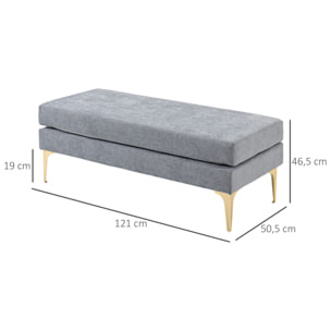 Banc bout de lit banquette style moderne dim. 121L x 50,5l x 46,5H cm piètement métal doré tissu gris clair