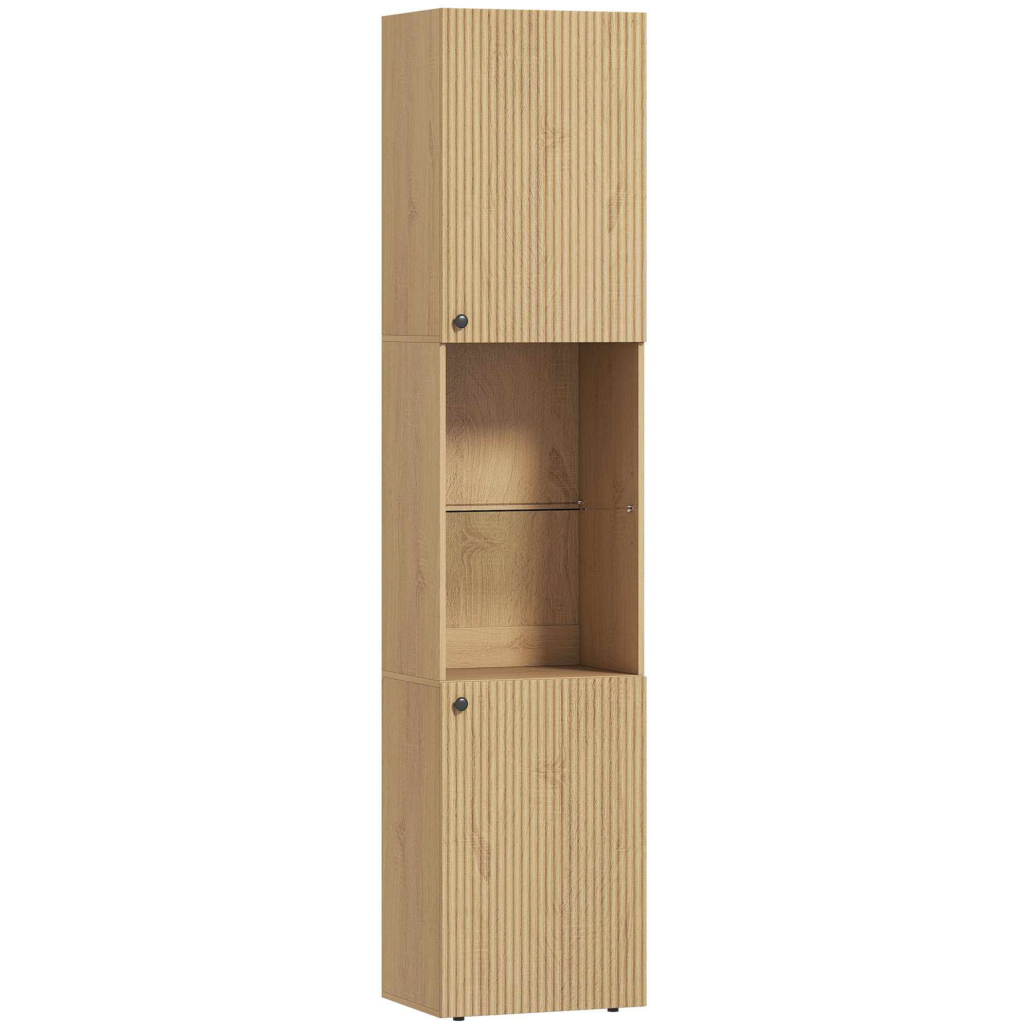 Colonne salle de bain design naturel 2 portes effet cannelé étagère verre