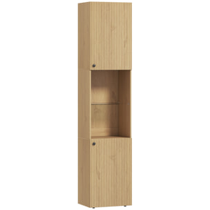 Colonne salle de bain design naturel 2 portes effet cannelé étagère verre