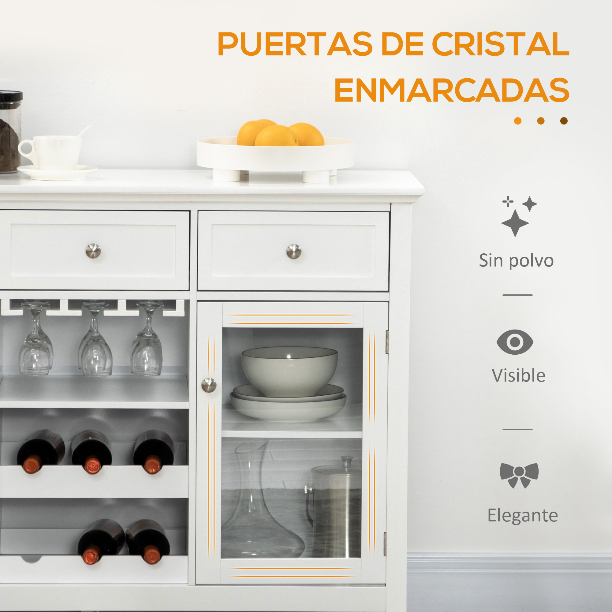 Aparador de Cocina Mueble Buffet Auxiliar con 2 Puertas de Vidrio 3 Cajones Botellero para 6 Botellas y Estante para 15 Copas para Comedor Salón Estilo Moderno Antivuelco 120x40x87 cm Blanco