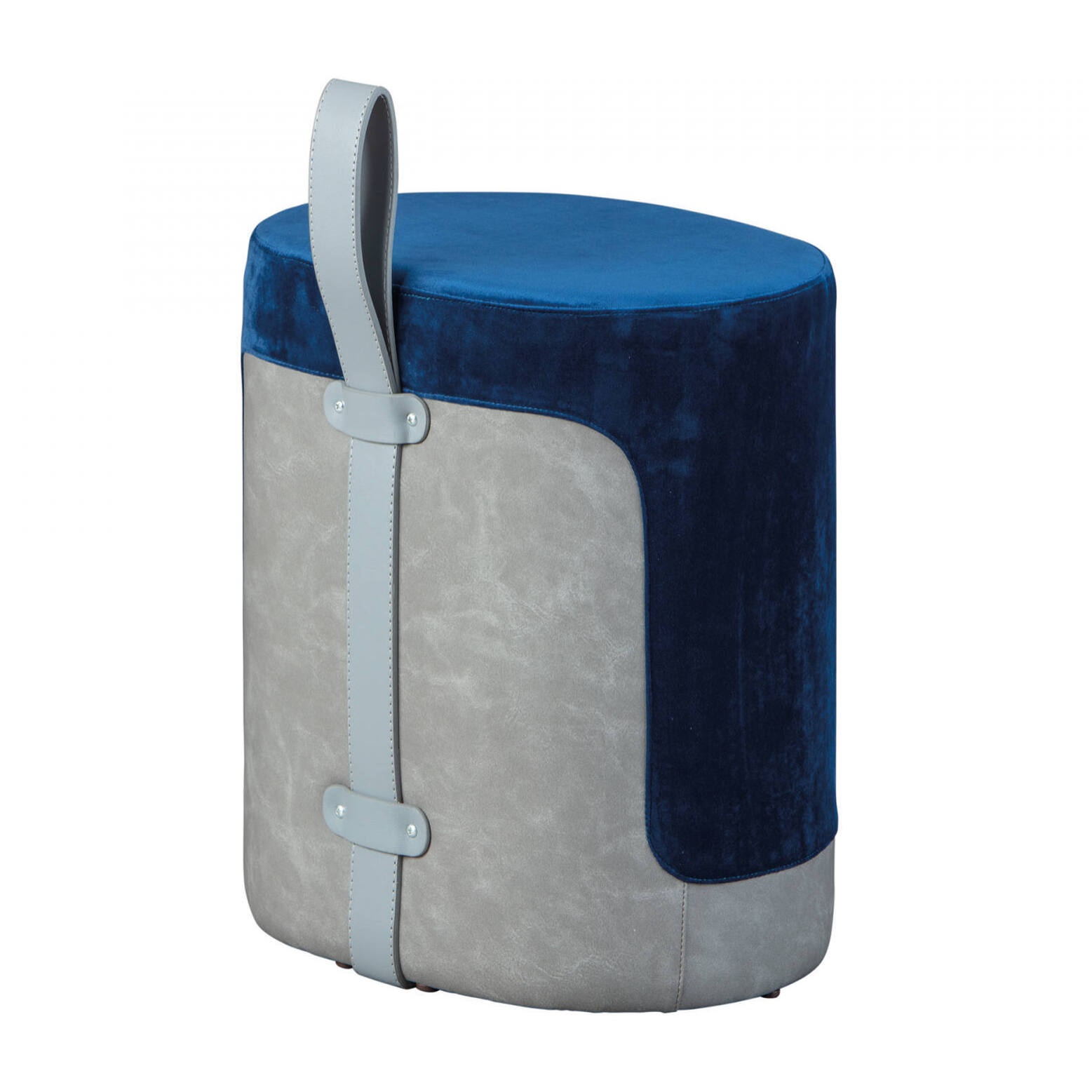 Pouf in velluto blu e grigio con maniglia in ecopelle, cm 38x32.5x43