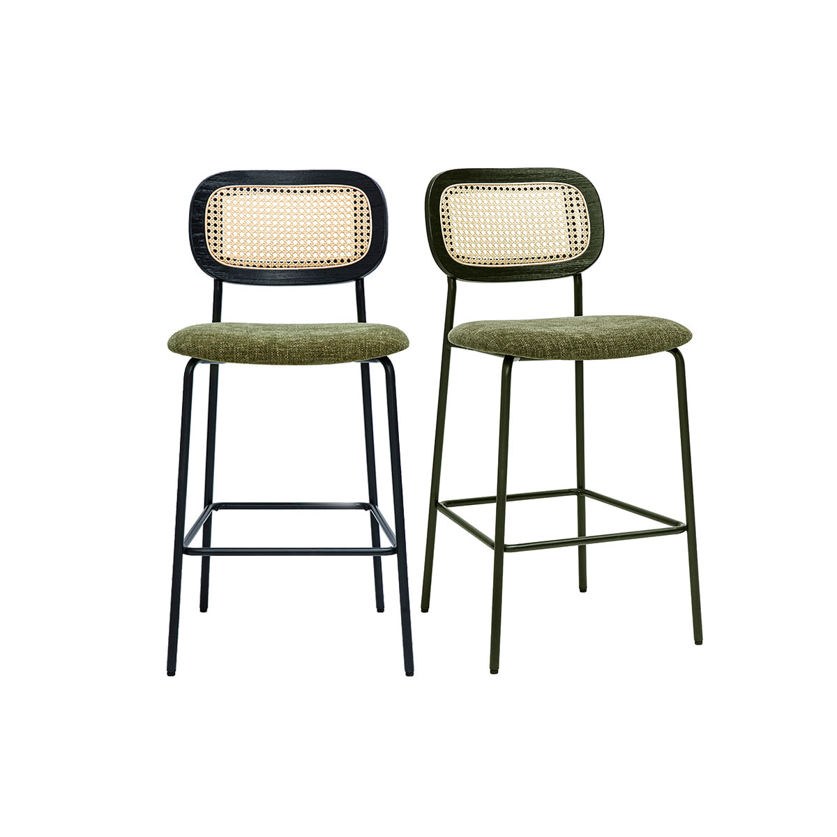 Tabourets design en tissu effet velours texturé vert kaki, métal noir et cannage rotin (lot de 2) MIRANDA