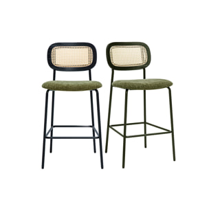 Tabourets design en tissu effet velours texturé vert kaki, métal noir et cannage rotin (lot de 2) MIRANDA