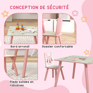 Ensemble table et chaises enfant motif renards lapin - table carrée + 2 chaises - bois pin MDF rose