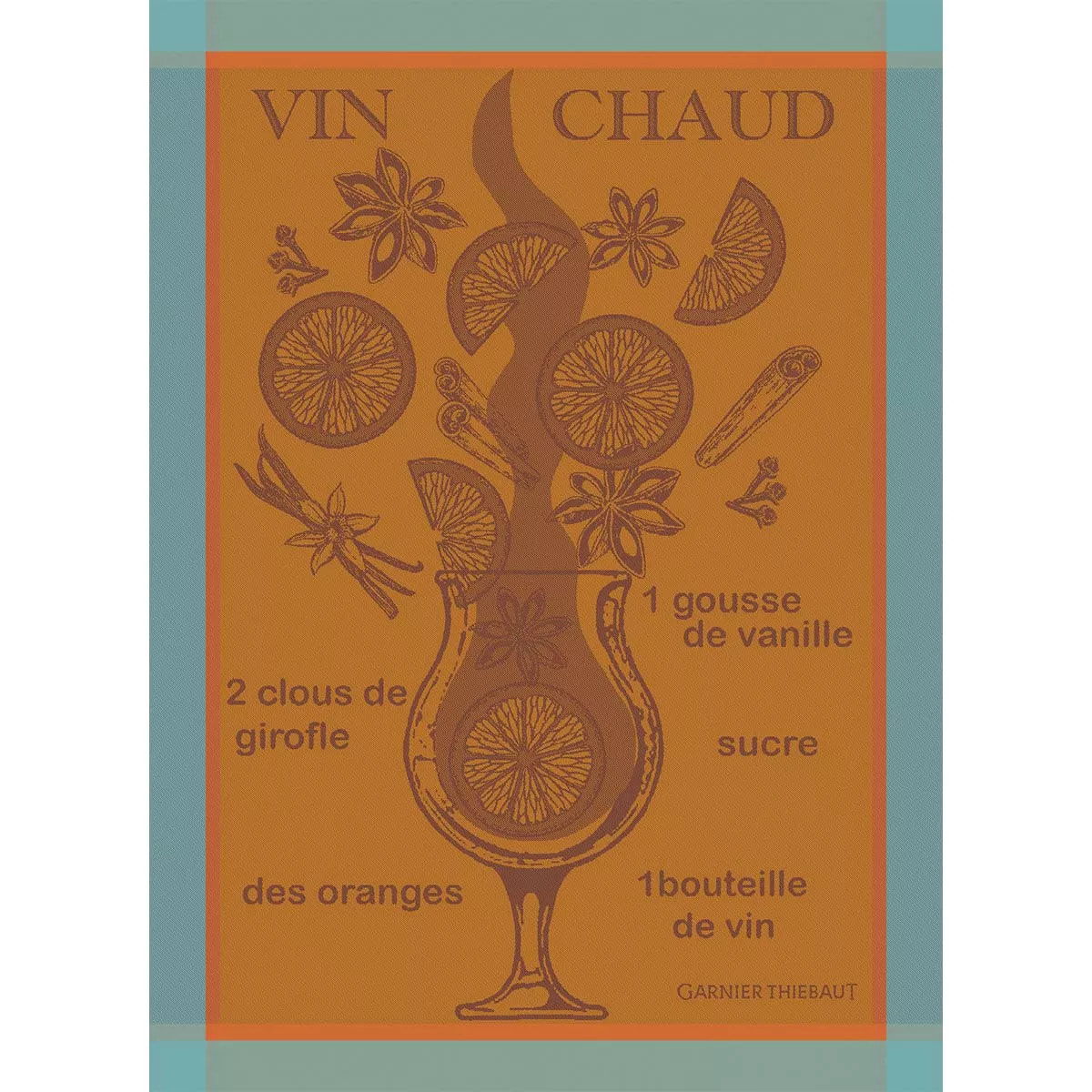 Torchon pur coton motif jacquard bleu orange Vin chaud mandarine