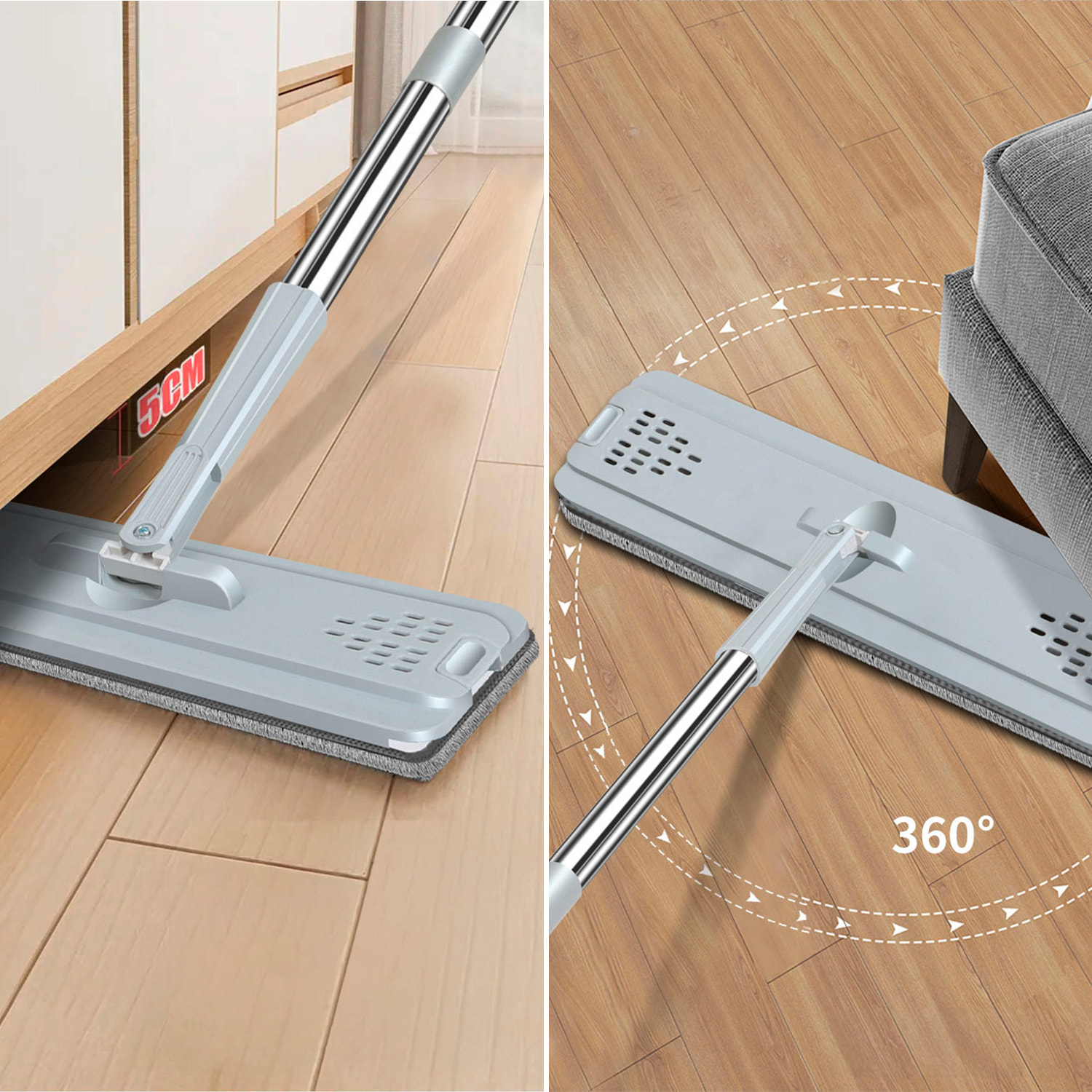 Mocio con rotazione a 360°, secchio con sistema di strizzatura efficiente e tappo di scarico. Include 3 panni in microfibra.