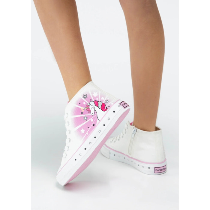 Zapatillas Altas de Niña de Lona con Estampado de Unicornio en Blanco