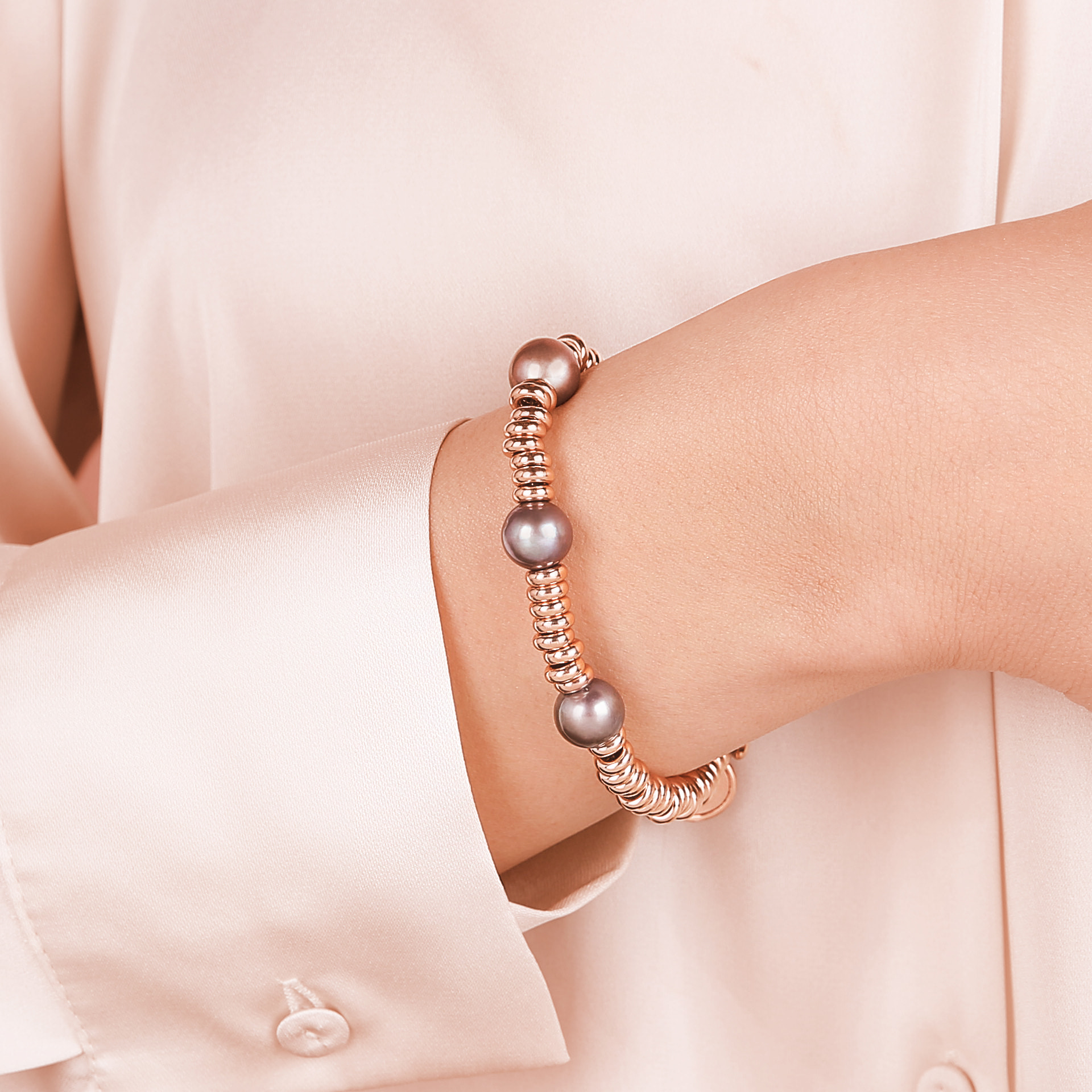 Bracciale con Rondelle e Perle Coltivate d'Acqua Dolce Grigie Ø10mm Placcato Oro Rosa 18kt