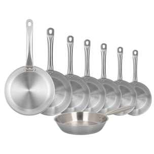 set de 8 sartenes ø20ø22ø24ø26ø28ø30ø32ø34cm en acero inoxidable, aptas para inducción y sin antiadherente