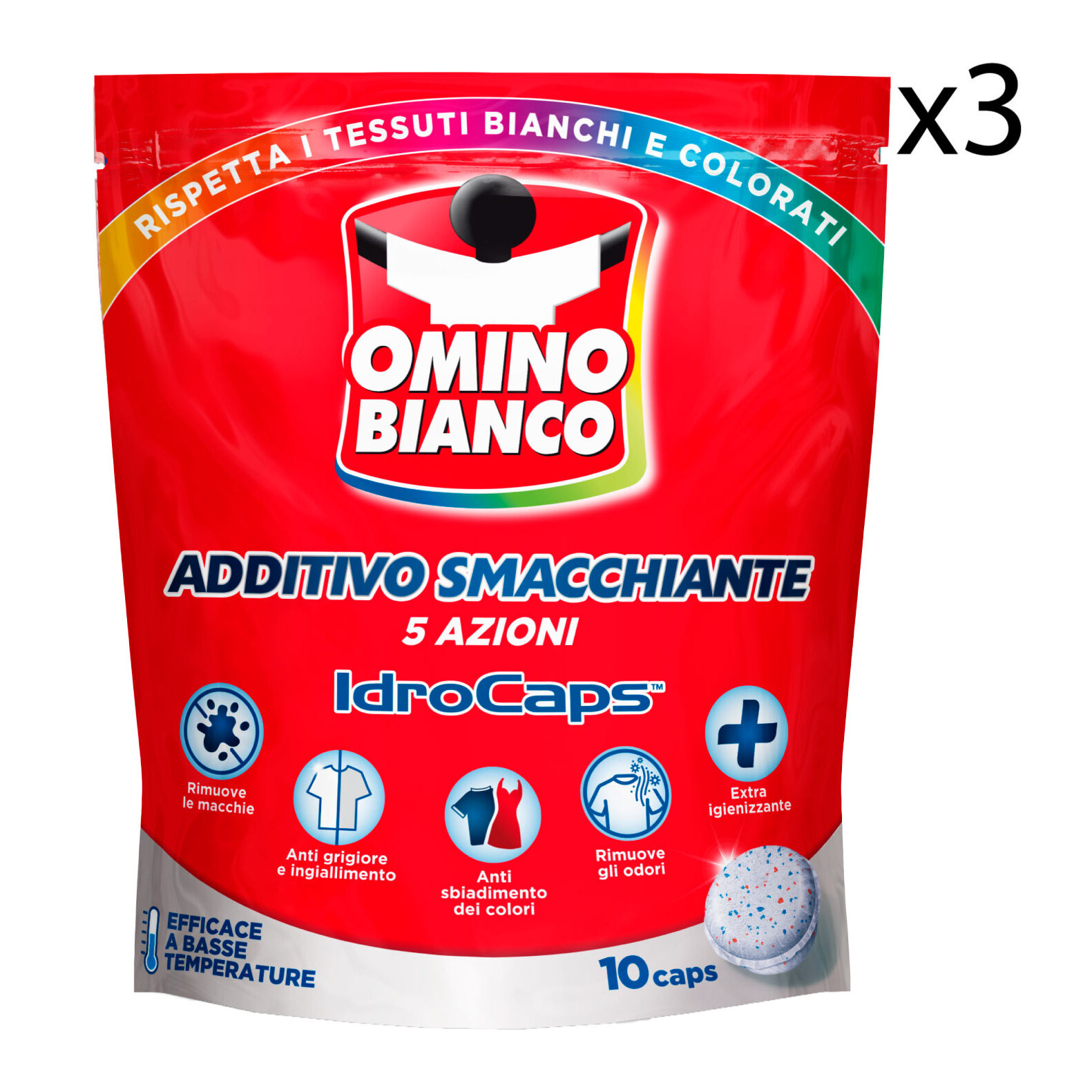 3x Omino Additivo Smacchiante 5 Azioni IdroCaps per Tessuti Bianchi e Colorati - 3 Confezioni da 10 Capsule