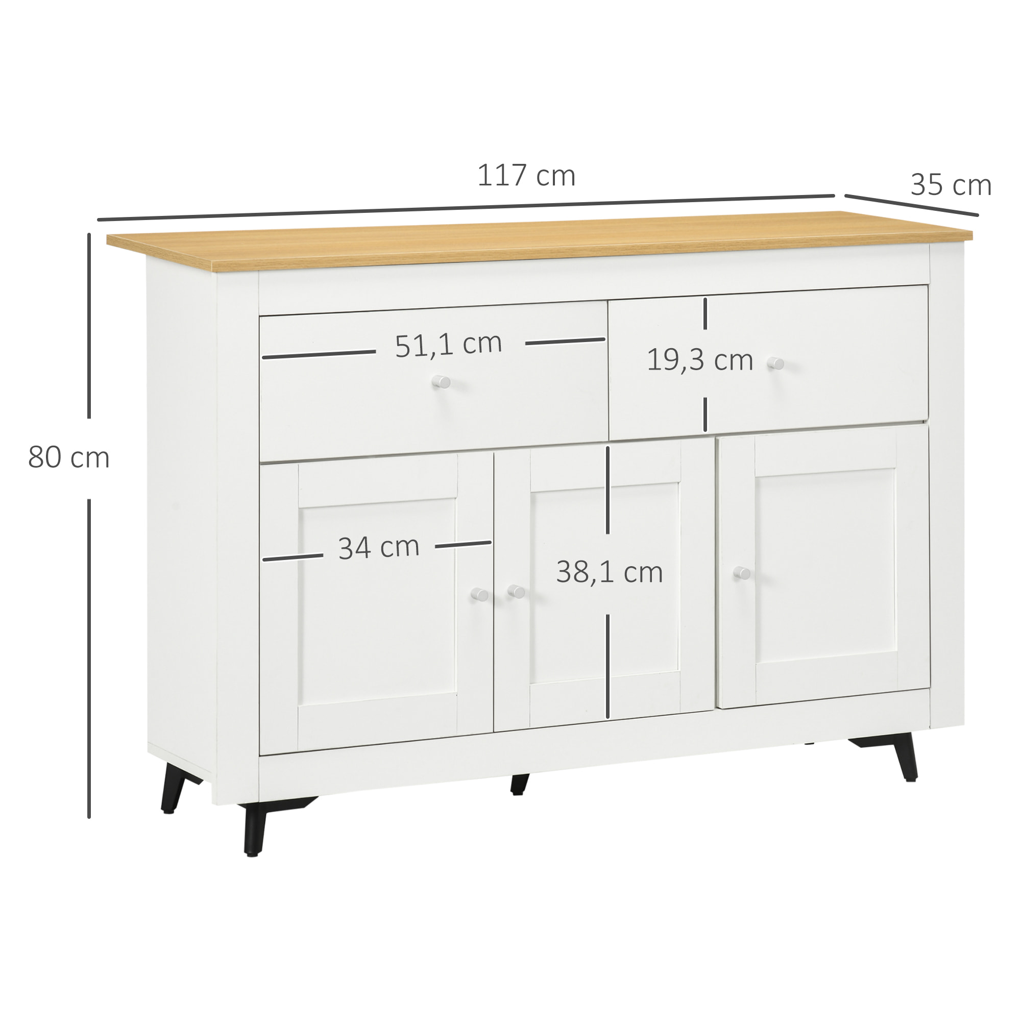 Aparador de Cocina Mueble Auxiliar de Cocina con 2 Cajones 3 Puertas y Estante Interior Ajustable 117x35x80 cm Blanco