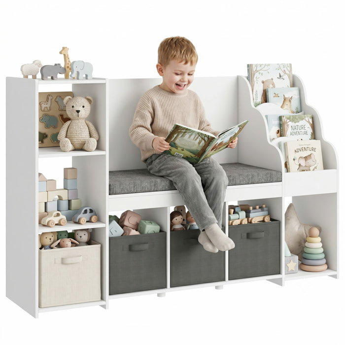 Estantería Infantil Juguetes con Rincón de Lectura, Organizador de Juguetes con Cojín, 3 Cajones de Tela, 3 Estantes, 4 Cubículos, 3-8 Años, Dormitorio, Guardería, 137x40x80 cm, Blanco y Gris