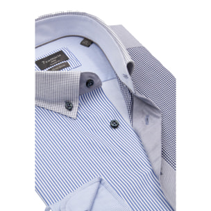 Camicia Uomo Botton Down Slim Popeline No Iron Riga Stretta Bianco/Celeste
