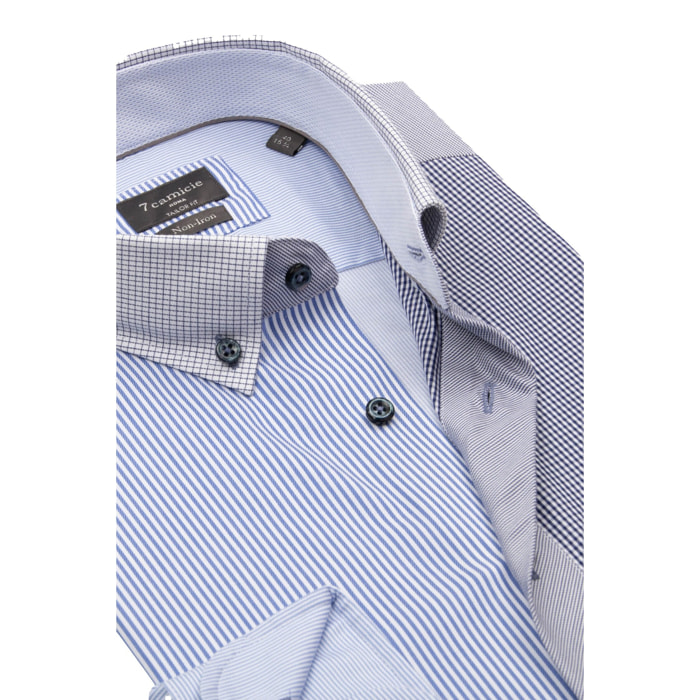 Camicia Uomo Botton Down Slim Popeline No Iron Riga Stretta Bianco/Celeste